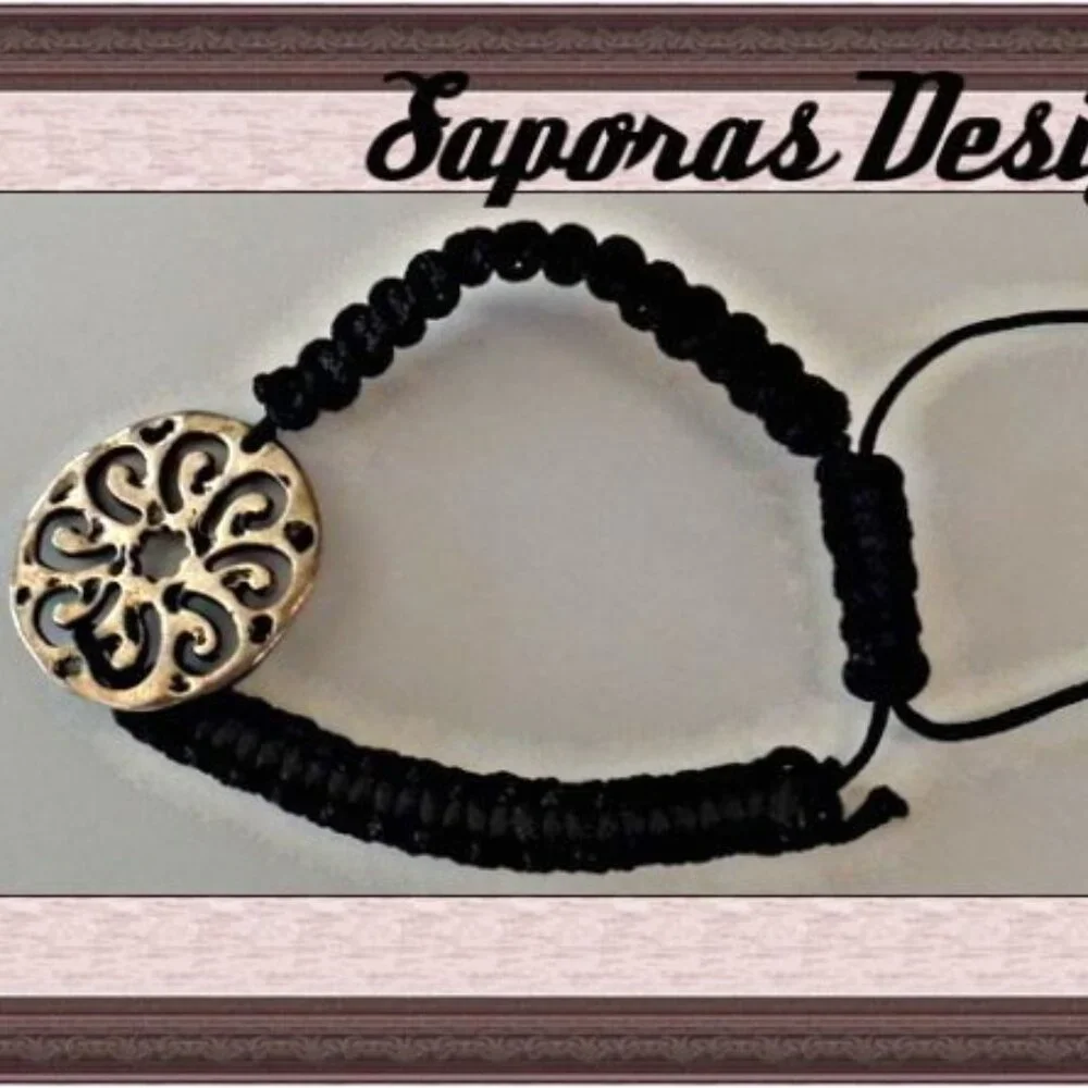 Handwoven Black Braided Bracelet With Silver Tone Flower Charm Adjustable To Fit